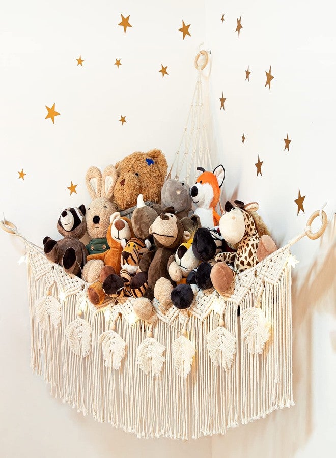 ANROYE Macrame Stuffed Animal Toy Net Hammock with Star Light, Small Plushies Boho Storage for Nursery, Corner Wall Hanging Organizer for Kid, Bohemian Woven Decor Display Holder for Girls Boy Gift - Image 1